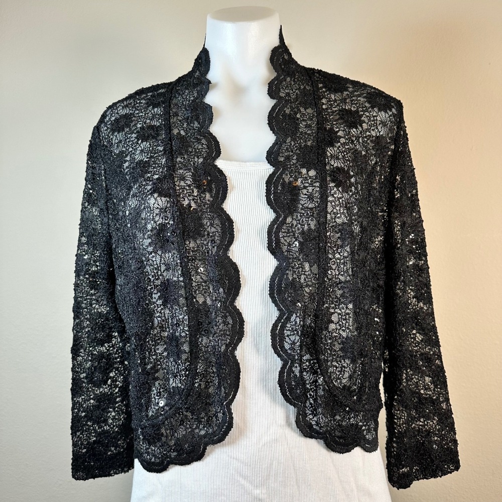 Black Lace Sequin‎ Large Scalloped Open Front Evening Party Shrug Cocktail